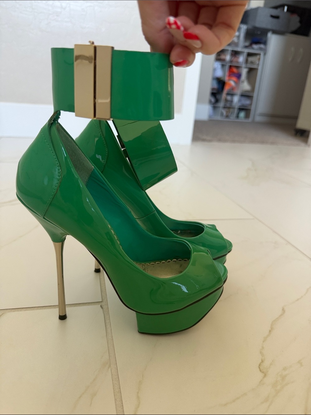 bebe Patent Peep-Toe Platform Pumps Ankle Cuff